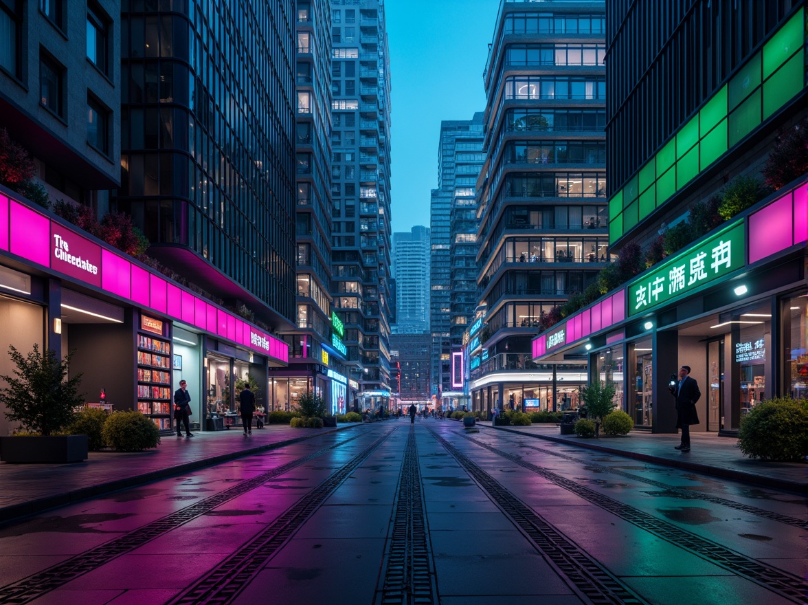 Prompt: Neon-lit cityscape, futuristic skyscrapers, metallic surfaces, iridescent colors, holographic effects, LED lights, cyberpunk atmosphere, high-tech laboratories, sleek robotic arms, neon-lit corridors, glitch art aesthetics, 3D modeling, digital interfaces, futuristic transportation systems, augmented reality displays, vibrant electric blue hues, radiant hot pink accents, luminescent green tones, dark metallic grays, panoramic city views, low-angle heroic shots, dramatic lighting contrasts.