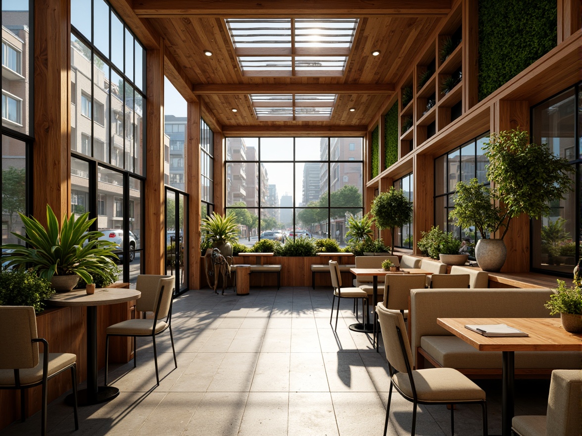 Prompt: Cozy coffee shop interior, warm wooden accents, large windows, glass doors, natural stone floors, minimalist decor, greenery walls, lush plants, skylights, clerestory windows, soft warm lighting, shallow depth of field, 3/4 composition, panoramic view, realistic textures, ambient occlusion, urban cityscape views, bustling street scenes, morning sunlight, afternoon warmth, comfortable seating areas, rustic wooden tables, industrial metal chairs.