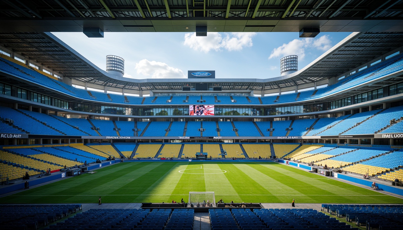 Prompt: Vibrant sports stadium, electric blue seating, bright green grass, bold yellow lines, dynamic red accents, sleek modern architecture, angular steel beams, transparent glass fa\u00e7ades, LED scoreboard displays, floodlighting, dramatic shadows, high-angle shots, 1/2 composition, cinematic color grading, realistic textures, ambient occlusion.