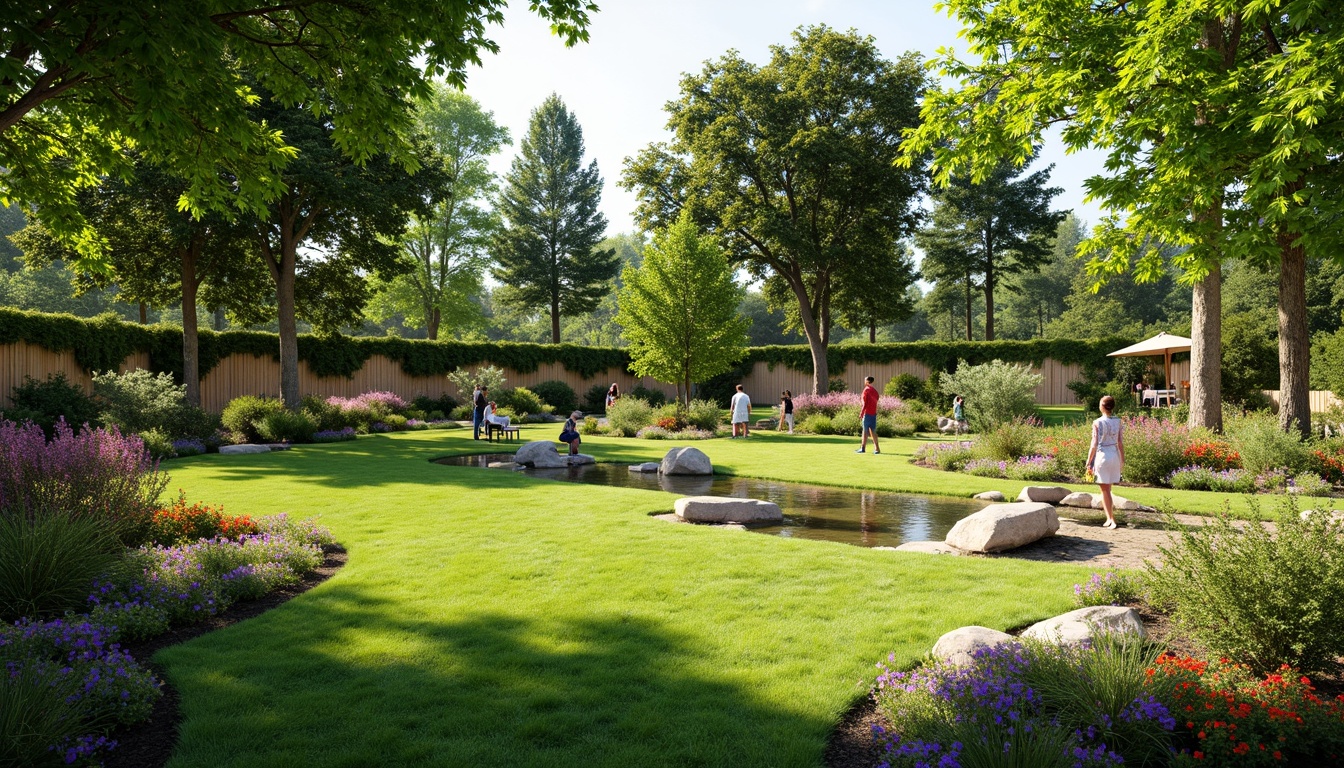 Prompt: Lush green lawn, vibrant flowerbeds, ornamental trees, meandering pathways, rustic stone walls, wooden fences, serene water features, tranquil ponds, colorful garden benches, natural rock formations, blooming shrubs, sunny day, soft warm lighting, shallow depth of field, 3/4 composition, panoramic view, realistic textures, ambient occlusion.