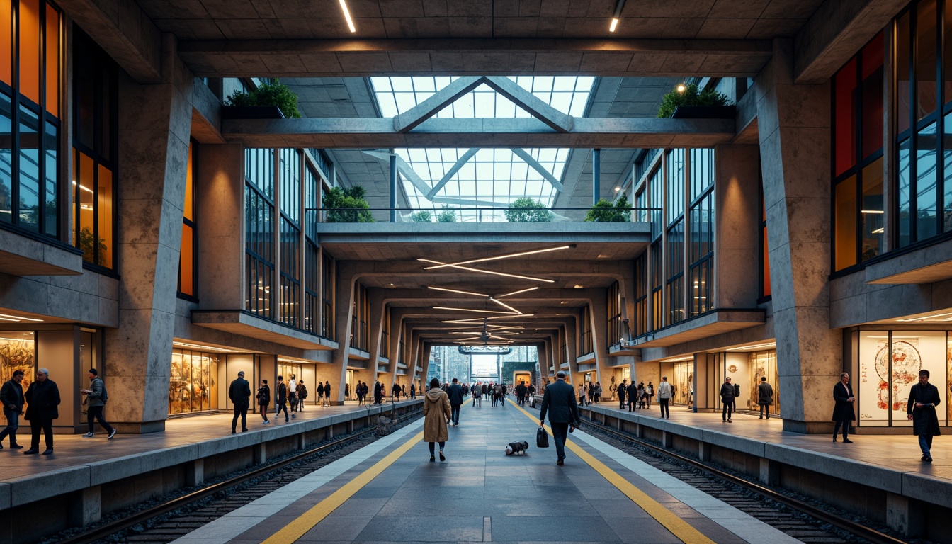 Prompt: Urban metro station, constructivist architecture, geometric shapes, industrial materials, exposed ductwork, metallic beams, concrete columns, vibrant color accents, dynamic lighting, futuristic ambiance, bustling cityscape, morning rush hour, shallow depth of field, 1/2 composition, symmetrical framing, high-contrast textures, ambient occlusion.