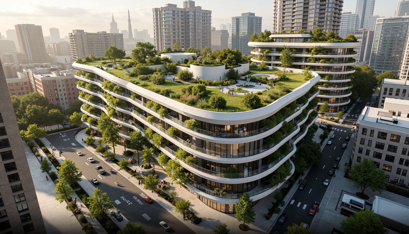 Prompt: Eco-friendly skyscraper, green roofs, solar panels, wind turbines, water conservation systems, living walls, vertical gardens, natural ventilation systems, recycled materials, minimalist design, energy-efficient windows, low-carbon footprint, futuristic architecture, curved lines, dynamic shapes, urban oasis, vibrant cityscape, bustling streets, morning sunlight, soft warm lighting, 1/1 composition, realistic textures, ambient occlusion.