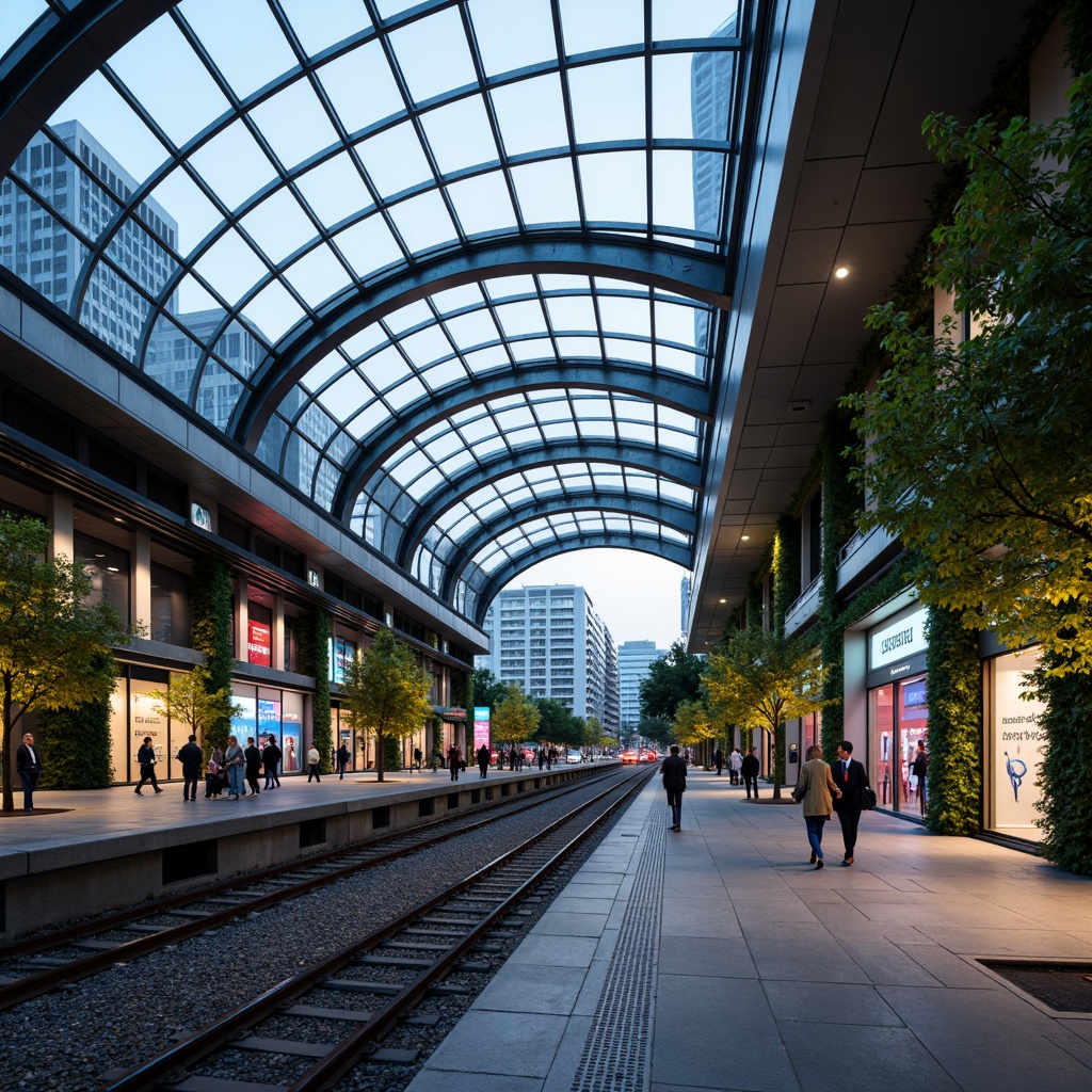 Prompt: Sleek modern train station, curved steel architecture, transparent glass roofs, minimalist design, streamlined platforms, futuristic lighting systems, urban cityscape, busy streets, pedestrian walkways, greenery walls, natural stone flooring, industrial materials, exposed ductwork, angular lines, metallic accents, vibrant neon signage, dynamic LED displays, panoramic views, shallow depth of field, 1/1 composition, realistic textures, ambient occlusion.