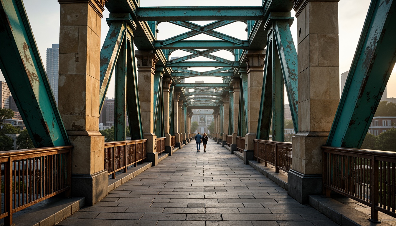 Prompt: Eclectic bridge, mixed materiality, rustic stone pillars, metallic beams, ornate iron railings, vibrant turquoise accents, intricate Gothic arches, Romanesque columns, asymmetrical composition, dynamic curvature, urban cityscape, misty morning atmosphere, warm golden lighting, high contrast shadows, 1/1 composition, dramatic perspective view, realistic structural details, ambient occlusion.