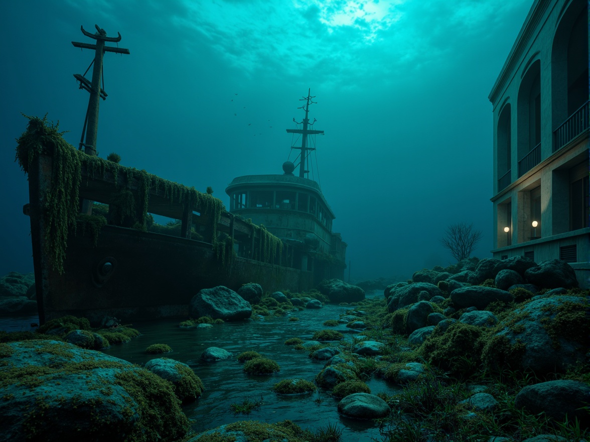 Prompt: Mysterious underwater scene, dark cyan hues, eerie bioluminescent creatures, glowing jellyfish, abandoned shipwreck, rusty metal debris, seaweed-covered rocks, misty ocean atmosphere, soft blue-green lighting, shallow depth of field, 1/2 composition, cinematic mood, realistic water textures, subtle ambient occlusion.