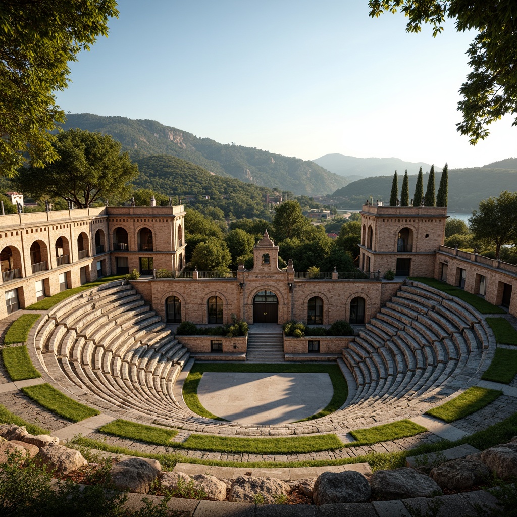 Prompt: Ancient Romanesque amphitheater, lush greenery, natural stone seating, ornate arches, grandiose columns, rustic brick facades, Mediterranean landscape, rolling hills, olive groves, cypress trees, sunny afternoon, warm golden lighting, shallow depth of field, 3/4 composition, panoramic view, realistic textures, ambient occlusion, integrated water features, naturalistic plantings, meandering pathways, scenic overlooks, historic preservation, cultural heritage, rustic charm.