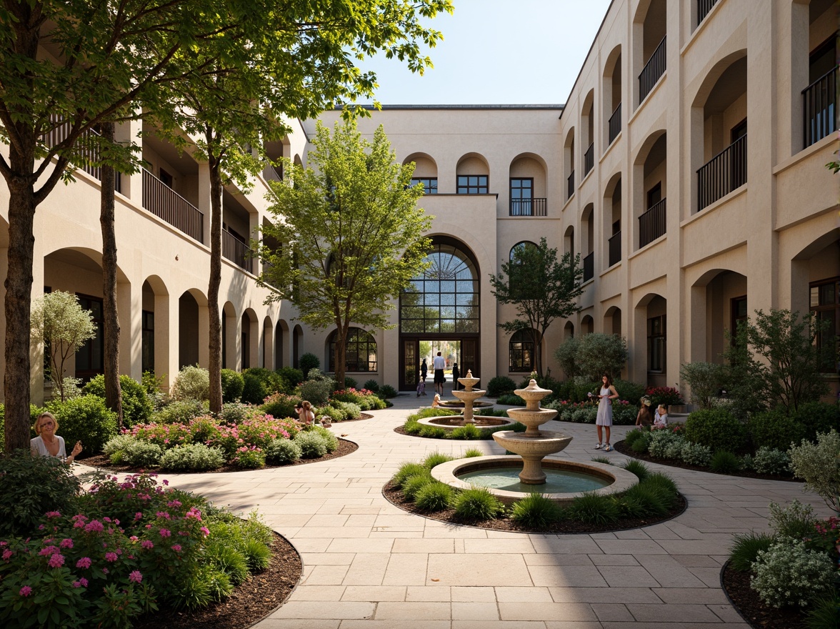 Prompt: Whimsical hospital courtyard, flowing organic lines, ornate ironwork, vibrant flowerbeds, lush greenery, meandering walkways, natural stone walls, decorative tiling, stained glass windows, grand entrance arches, elegant fountains, serene water features, soft warm lighting, shallow depth of field, 3/4 composition, panoramic view, realistic textures, ambient occlusion.