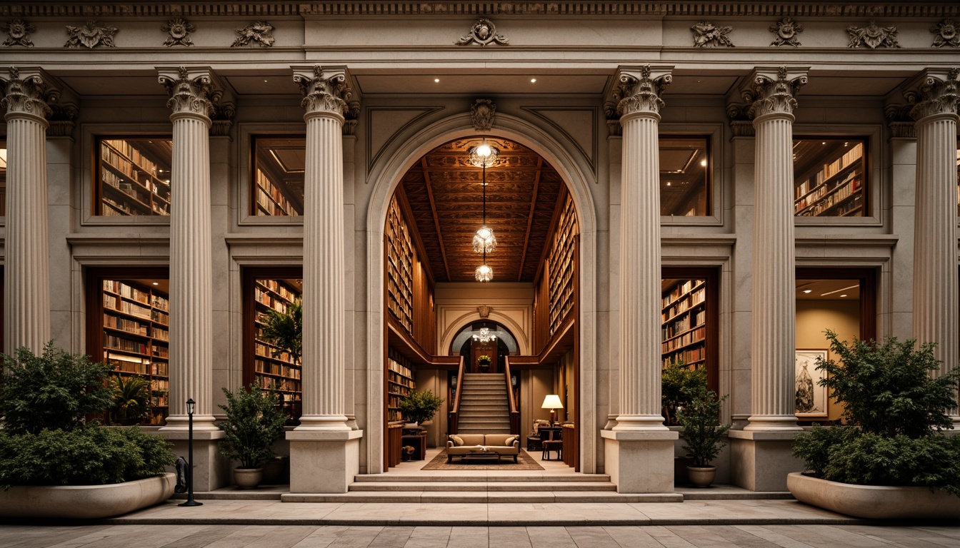 Prompt: Grand library facade, neoclassical architecture, ornate columns, symmetrical composition, marble cladding, intricately carved details, arched windows, rusticated quoins, subtle cornice, imposing entrance, sweeping staircase, grand reading room, coffered ceiling, rich wood paneling, comfortable seating areas, soft warm lighting, shallow depth of field, 2/3 composition, realistic textures, ambient occlusion.