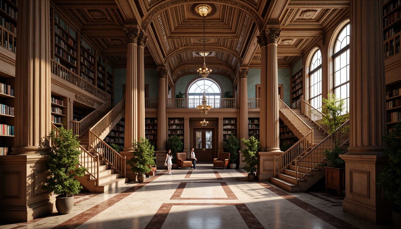 Prompt: Grandiose library interior, ornate columns, intricately carved capitals, polished marble floors, sweeping archways, majestic staircases, richly textured wallpaper, gilded moldings, soft warm lighting, dramatic shadows, 3/4 composition, symmetrical balance, classical proportions, imposing scale, stately atmosphere, vintage books, antique furniture, lavish chandeliers.