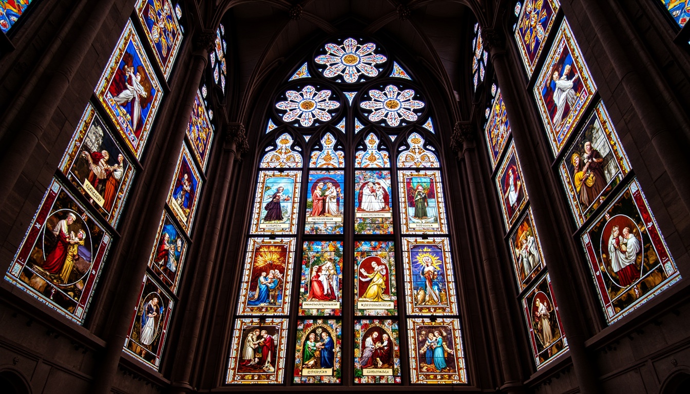 Prompt: Vibrant stained glass windows, kaleidoscopic colors, intricate patterns, Gothic architectural style, ornate details, sacred atmospheres, majestic cathedrals, historical landmarks, stunning visual effects, refracted light, prismatic colors, subtle texture, luxurious ambiance, solemn mood, dramatic lighting, symmetrical composition, 1/1 aspect ratio, shallow depth of field, soft focus, warm color tone.