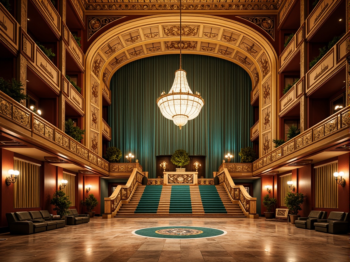 Prompt: Grand amphitheater, ornate Art Deco fa\u00e7ade, intricate geometric patterns, luxurious golden details, lavish decorative elements, sweeping curves, grandiose entrance, majestic staircases, opulent chandeliers, vibrant turquoise accents, polished marble floors, rich velvet curtains, dramatic spotlights, warm ambient lighting, shallow depth of field, 1/1 composition, symmetrical balance, highly detailed textures, realistic reflections, sunset warm glow.