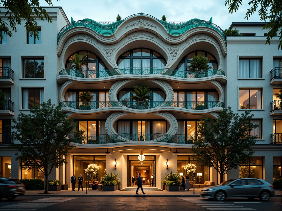 Prompt: Ornate hotel facade, flowing organic lines, sinuous curves, decorative ironwork, stained glass windows, grand entrance, ornamental balconies, intricate stone carvings, vibrant turquoise accents, soft warm lighting, misty morning atmosphere, shallow depth of field, 2/3 composition, cinematic view, realistic textures, ambient occlusion.