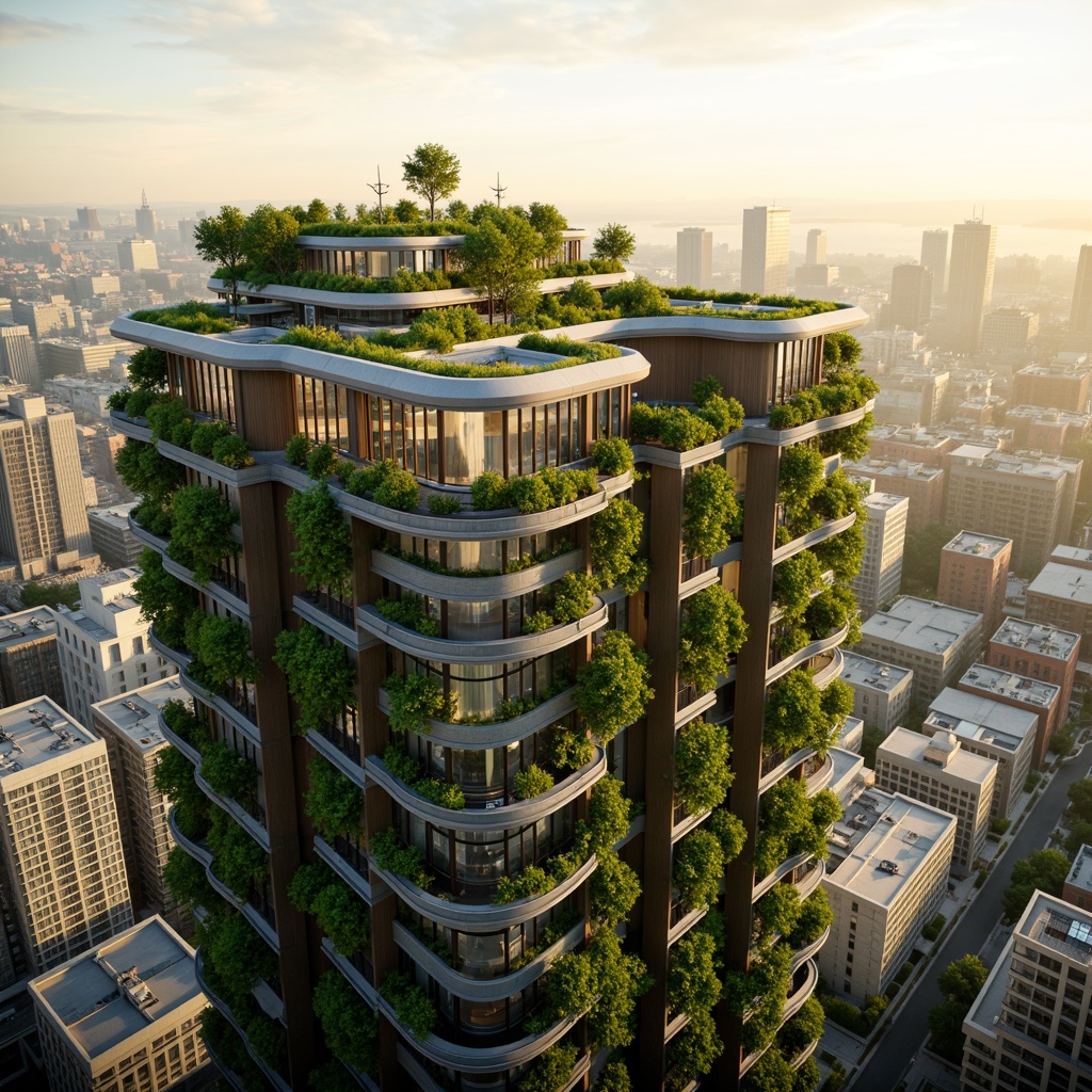 Prompt: Eco-friendly skyscraper, lush green roofs, solar panels, wind turbines, rainwater harvesting systems, recycled materials, minimalist design, natural ventilation, large windows, glass facades, urban farming, vertical gardens, living walls, biophilic architecture, organic shapes, curvaceous lines, energy-efficient systems, smart building technologies, real-time monitoring, data-driven design, sustainable urban planning, vibrant cityscape, warm golden lighting, shallow depth of field, 2/3 composition, panoramic view, realistic textures, ambient occlusion.