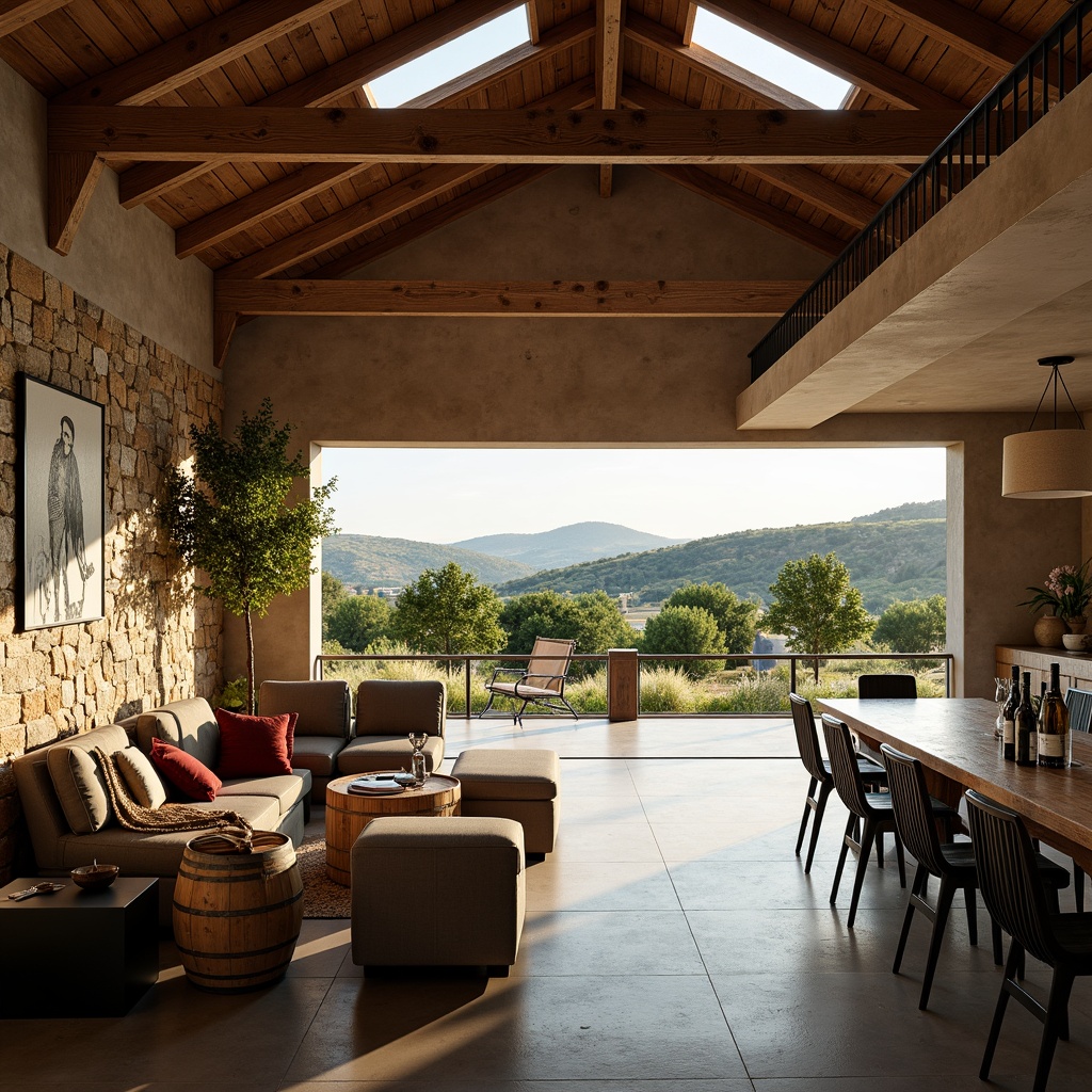 Prompt: Rustic winery, stone walls, wooden barrels, vineyard views, rolling hills, Mediterranean landscape, modern structuralist architecture, clean lines, minimalist design, industrial chic, metal accents, reclaimed wood, earthy tones, natural light, clerestory windows, open floor plan, functional spaces, wine cellar, tasting room, fermentation tanks, oak aging rooms, rustic decor, warm ambient lighting, shallow depth of field, 2/3 composition, realistic textures, ambient occlusion.