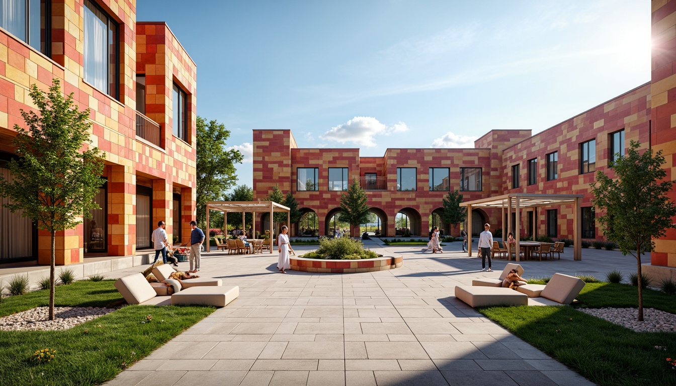 Prompt: Vibrant community center, articulated facades, bold geometric patterns, colorful ceramic tiles, large windows, transparent glass doors, natural stone walls, modern angular lines, sustainable green roofs, eco-friendly materials, innovative shading systems, misting outdoor spaces, Arabic-inspired arches, intricate ornate details, warm soft lighting, shallow depth of field, 3/4 composition, panoramic view, realistic textures, ambient occlusion.