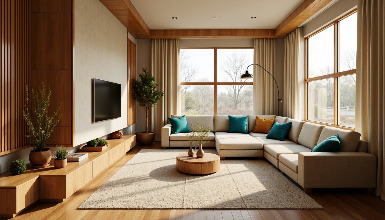 Prompt: Cozy apartment interior, warm beige walls, rich wood accents, plush carpeting, comfortable sofas, vibrant turquoise throw pillows, soft cream curtains, natural light pouring in, large windows, modern minimalist decor, sleek metal fixtures, earthy terracotta pots, lush greenery, calming ambiance, warm golden lighting, shallow depth of field, 1/1 composition, realistic textures, ambient occlusion.