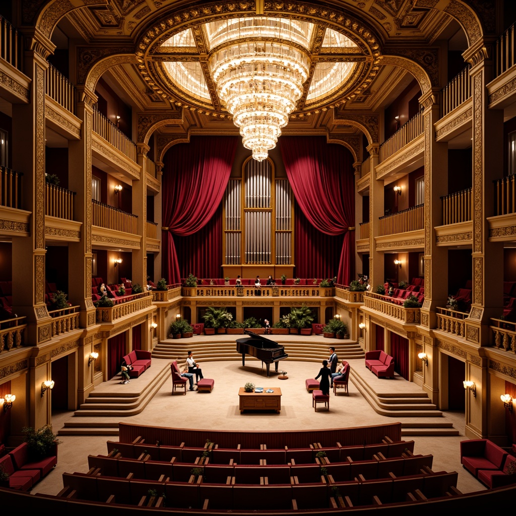 Prompt: Elegant concert hall, ornate chandeliers, lavish furnishings, rich wood tones, velvet drapes, golden accents, intricate carvings, sweeping staircases, grand pianos, luxurious seating areas, intimate performance spaces, dramatic lighting designs, warm ambiance, shallow depth of field, 1/2 composition, soft focus effect, realistic textures, ambient occlusion.