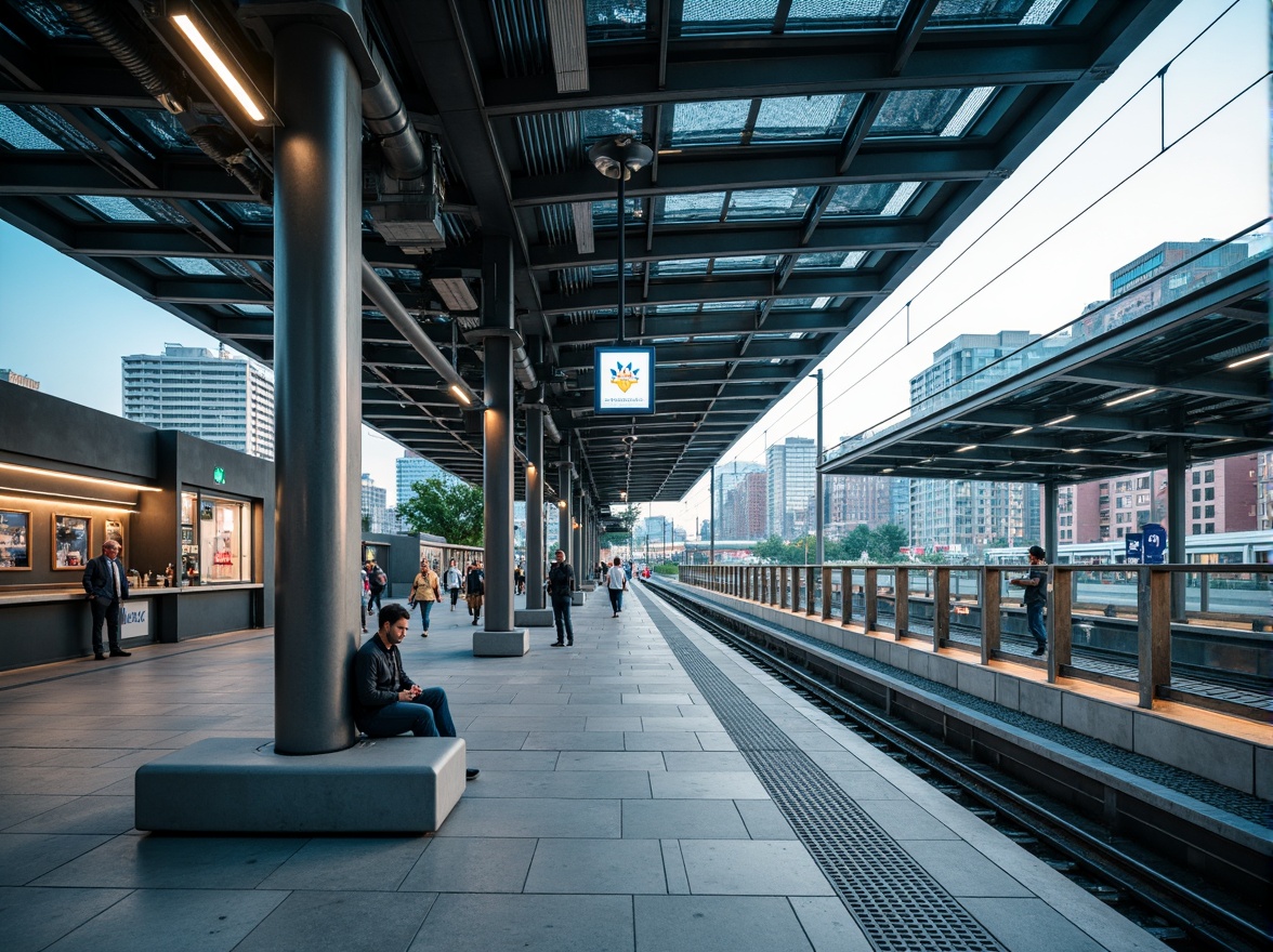 Prompt: Modern transportation hub, sleek metal fa\u00e7ade, glass roofs, polished concrete floors, industrial-style lighting, exposed ductwork, minimalist seating areas, stainless steel handrails, LED signage, dynamic digital displays, futuristic architecture, high-tech materials, metallic accents, reflective surfaces, angular lines, urban cityscape, bustling atmosphere, morning rush hour, soft natural light, shallow depth of field, 1/1 composition, realistic textures, ambient occlusion.