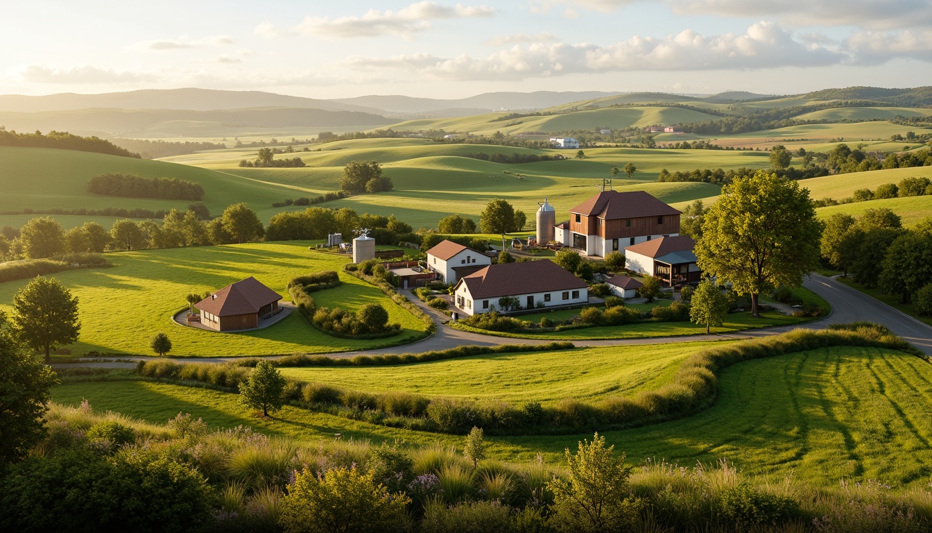 Prompt: Rustic farmhouses, rolling hills, vast open fields, lush green pastures, rural scenery, windmills, silos, barns, farmhouse gardens, wildflower meadows, serpentine roads, stone walls, wooden fences, verdant tree lines, natural irrigation systems, earthy tones, warm sunlight, soft focus, shallow depth of field, 2/3 composition, aerial view, realistic textures, ambient occlusion.