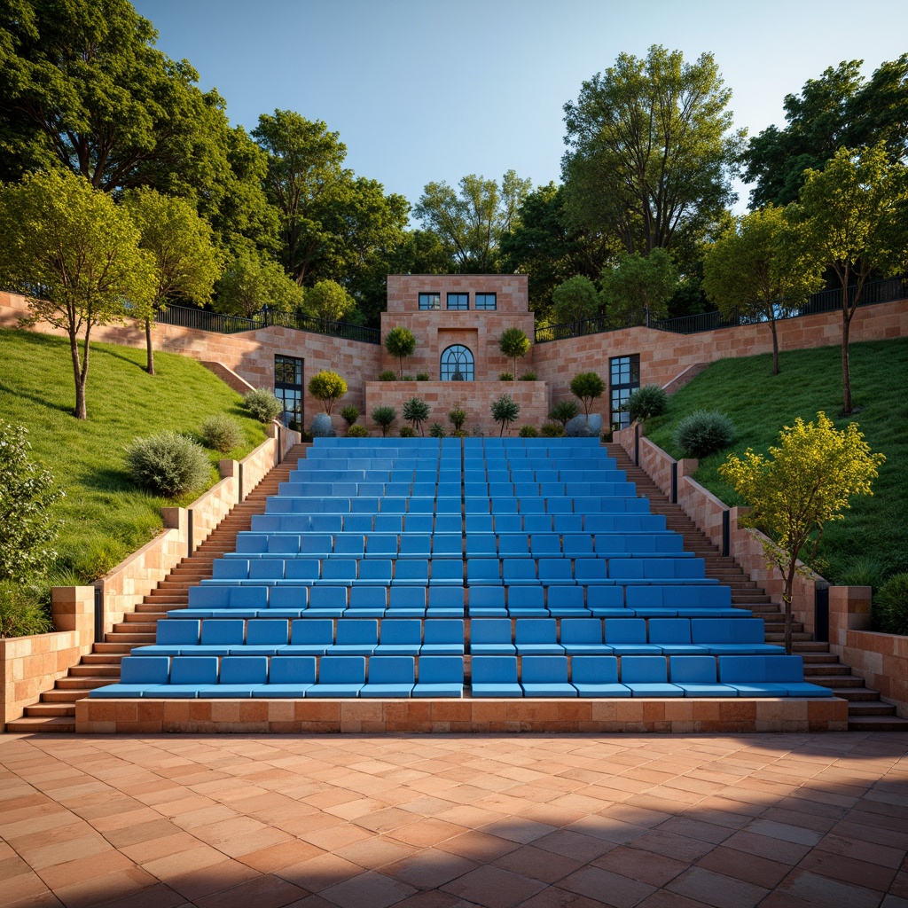 Prompt: Vibrant outdoor amphitheater, gradient blue seats, warm beige stone walls, lush green grassy slopes, natural wood accents, earthy terracotta flooring, soft golden lighting, dramatic spotlights, 1/2 composition, low-angle shot, realistic shadows, ambient occlusion.