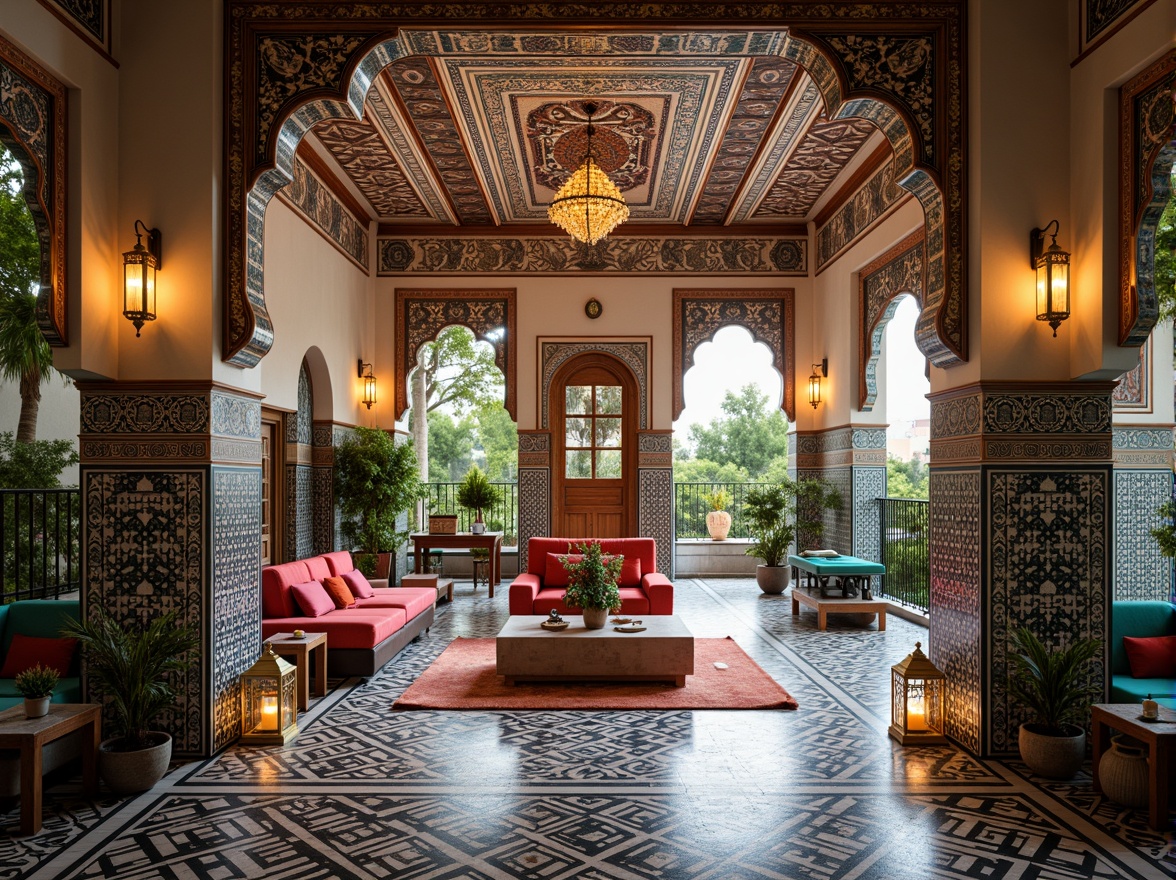 Prompt: Vibrant Moroccan riad, intricately tiled floors, ornate archways, Islamic-inspired geometric patterns, colorful zellij mosaics, symmetrical compositions, bold black outlines, bright turquoise accents, luxurious textiles, plush cushions, golden lanterns, warm atmospheric lighting, shallow depth of field, 1/1 composition, realistic textures, ambient occlusion.