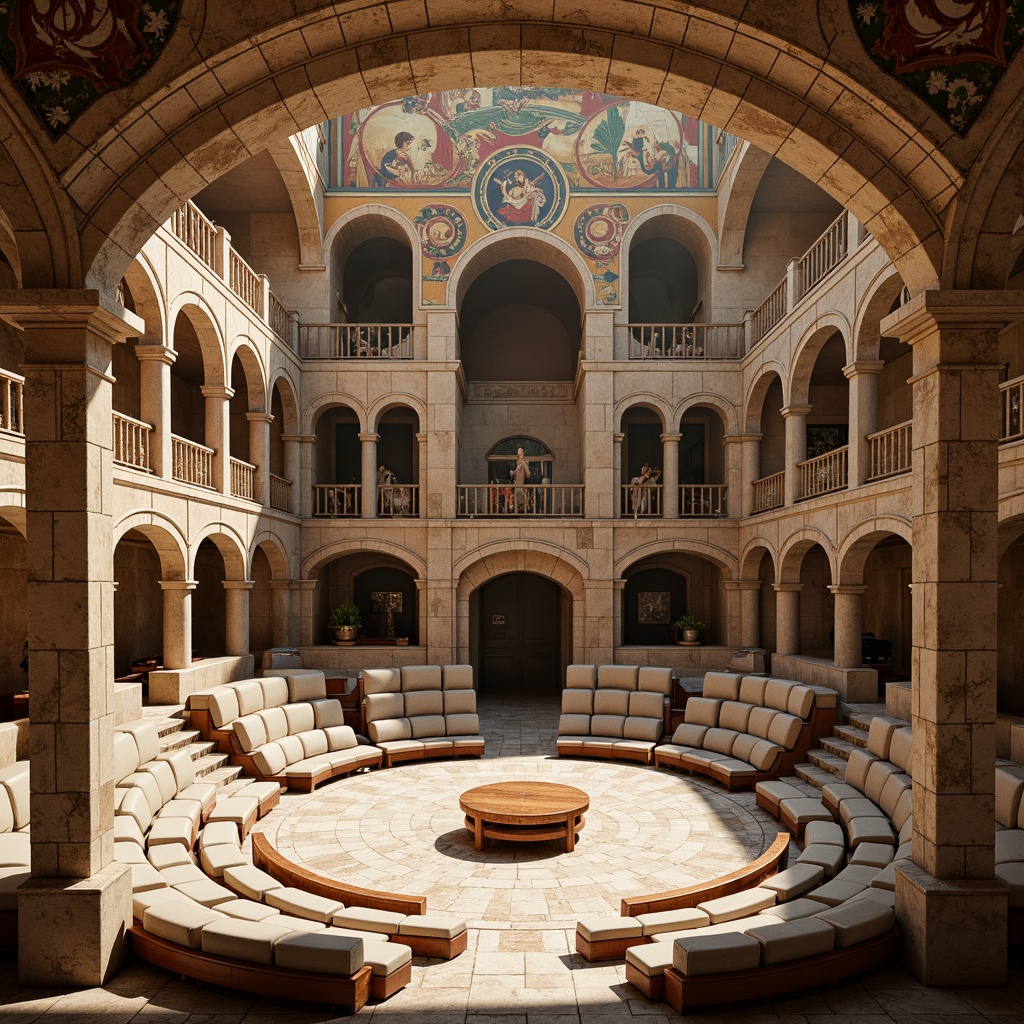 Prompt: Ancient Roman-inspired amphitheater, grandiose stone architecture, ornate carvings, majestic arches, vibrant frescoes, comfortable seating areas, curved rows of seats, plush cushions, wooden armrests, intricate mosaics, natural stone flooring, warm golden lighting, soft shadows, 1/2 composition, symmetrical framing, realistic textures, ambient occlusion.