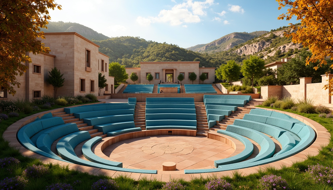 Prompt: Vibrant outdoor amphitheater, gradient blue seats, warm beige stone walls, lush green grassy slopes, natural wood accents, earthy terracotta flooring, soft golden lighting, sunset-inspired color palette, gentle misting system, panoramic views, 3/4 composition, realistic textures, ambient occlusion.