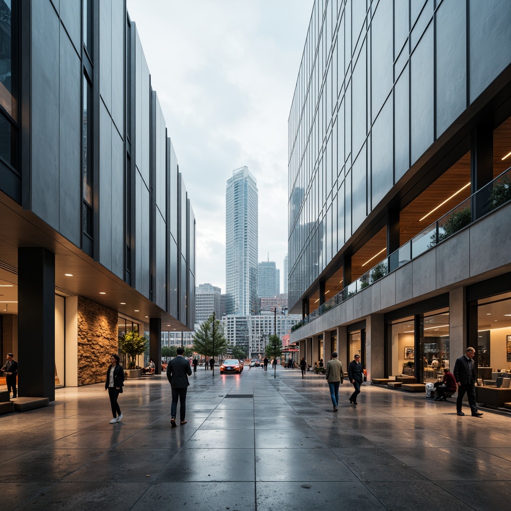 Prompt: Sleek modern buildings, curved lines, metallic surfaces, reflective glass facades, polished concrete floors, minimalist decor, industrial chic accents, reclaimed wood textures, exposed ductwork, urban cityscape, cloudy grey skies, soft diffused lighting, shallow depth of field, 2/3 composition, cinematic view, realistic reflections, ambient occlusion.