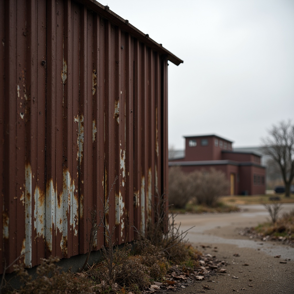 Prompt: Rustic corrugated iron, weathered metal surface, distressed texture, industrial aesthetic, earthy tones, rugged landscape, abandoned factory setting, overcast sky, soft diffused lighting, shallow depth of field, 1/1 composition, realistic reflections, ambient occlusion.