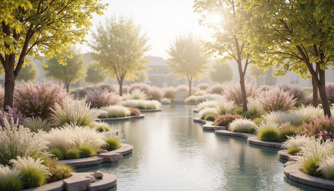 Prompt: Soft pastel hues, calming atmosphere, serene natural surroundings, gentle water features, lush greenery, blooming flowers, warm beige tones, creamy whites, pale blues, soothing mauves, earthy terracottas, subtle texture contrasts, organic shapes, minimalist composition, shallow depth of field, 1/1 aspect ratio, soft focus, warm golden lighting, realistic renderings.