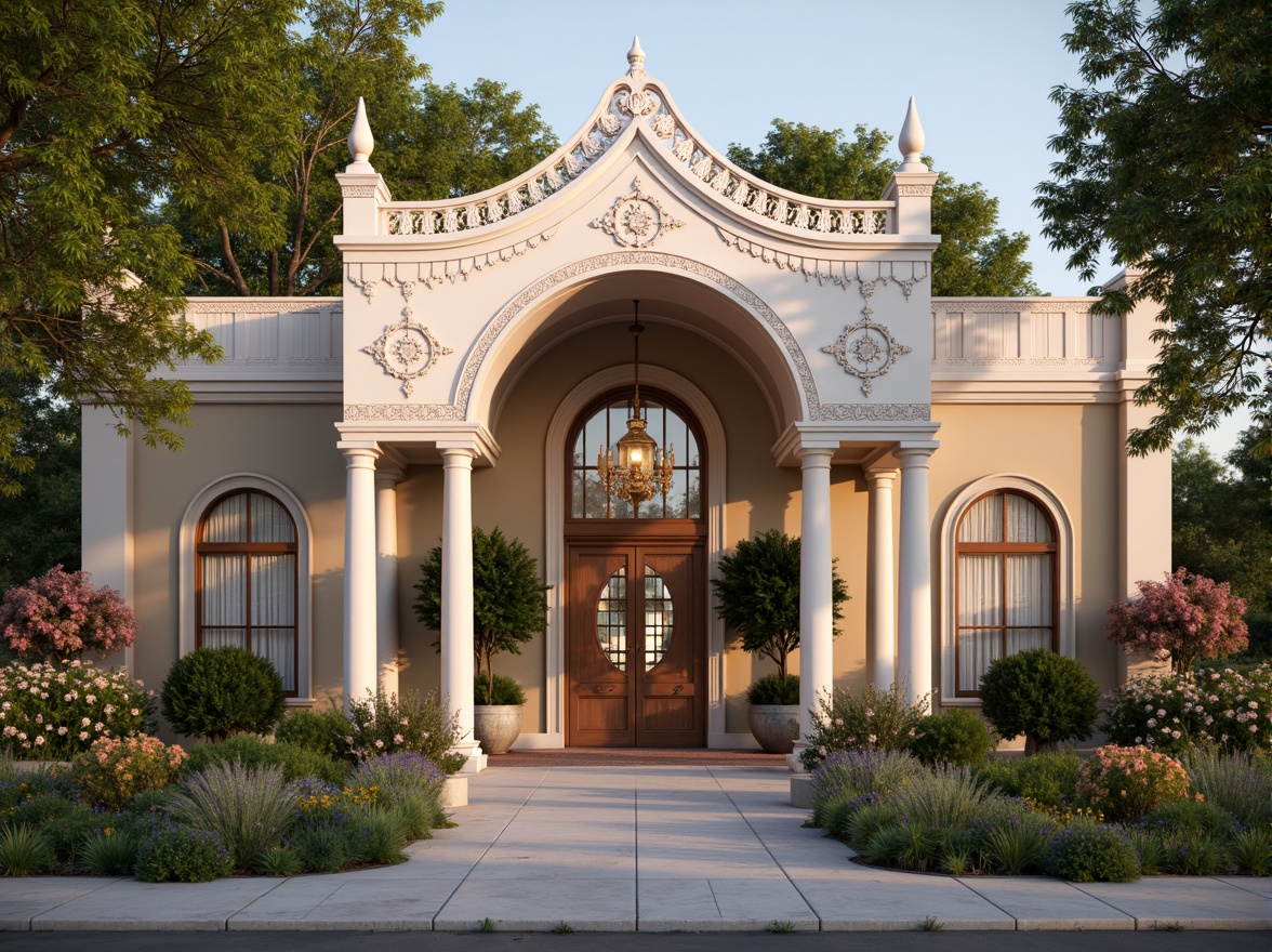 Prompt: Whimsical clinic facade, ornate Victorian details, soft pastel colors, delicate filigree patterns, grand entrance archways, elegant columns, intricate stonework, lush greenery, blooming flowers, natural stone walls, stained glass windows, warm golden lighting, shallow depth of field, 1/2 composition, romantic atmosphere, realistic textures, ambient occlusion.