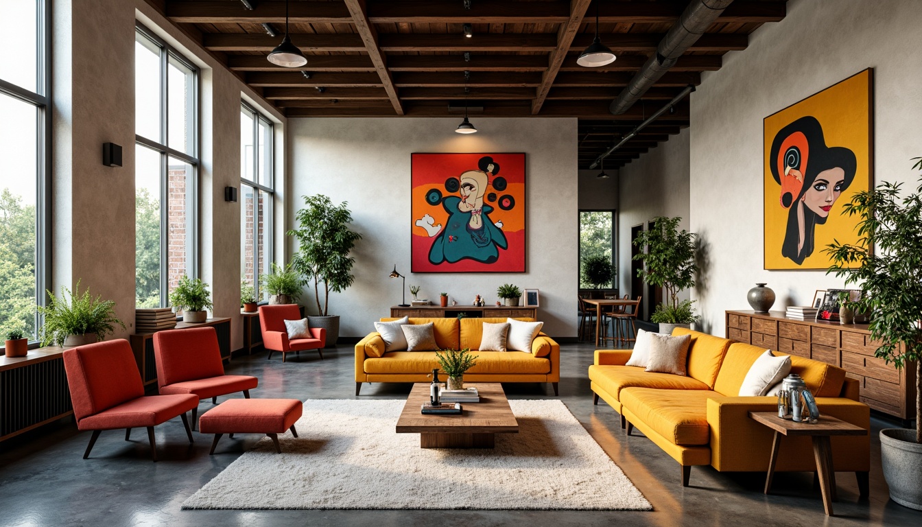 Prompt: Vibrant design studio, modern artistic space, eclectic furniture pieces, bold color accents, abstract artwork, industrial metal beams, polished concrete floors, natural light pouring in, warm cozy atmosphere, softbox lighting, 3/4 composition, shallow depth of field, realistic textures, ambient occlusion.