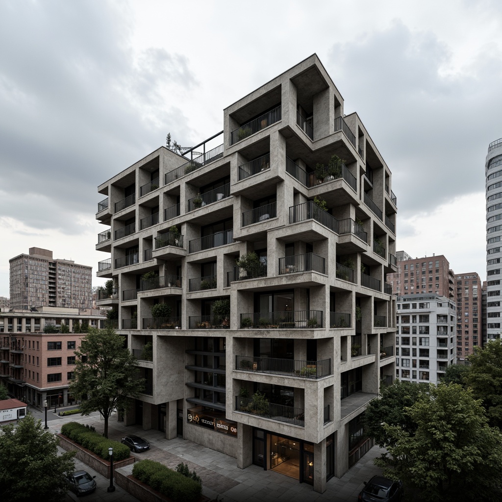 Prompt: Rustic brutalist building, exposed concrete facade, rugged stone walls, metallic beams, industrial pipes, urban cityscape, overcast sky, dramatic shadows, high-contrast lighting, abstract geometric patterns, fragmented forms, deconstructivist architecture, brutalist aesthetics, raw unfinished textures, monochromatic color scheme, bold structural elements, cantilevered volumes, dynamic diagonal lines, 1/2 composition, low-angle shot, cinematic atmosphere.