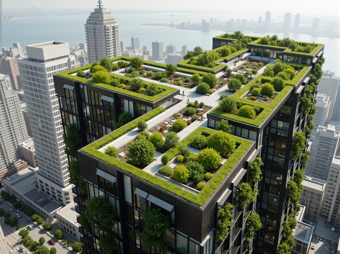 Prompt: Eco-friendly skyscraper, lush green roofs, solar panels, wind turbines, rainwater harvesting systems, recycled materials, energy-efficient fa\u00e7ades, natural ventilation systems, organic shapes, vibrant green walls, living walls, urban agriculture, rooftop gardens, sustainable transportation hubs, electric vehicle charging stations, bicycle storage facilities, reduced carbon footprint, zero-waste design, minimalist aesthetic, maximized daylight, soft warm lighting, 1/1 composition, shallow depth of field, realistic textures.