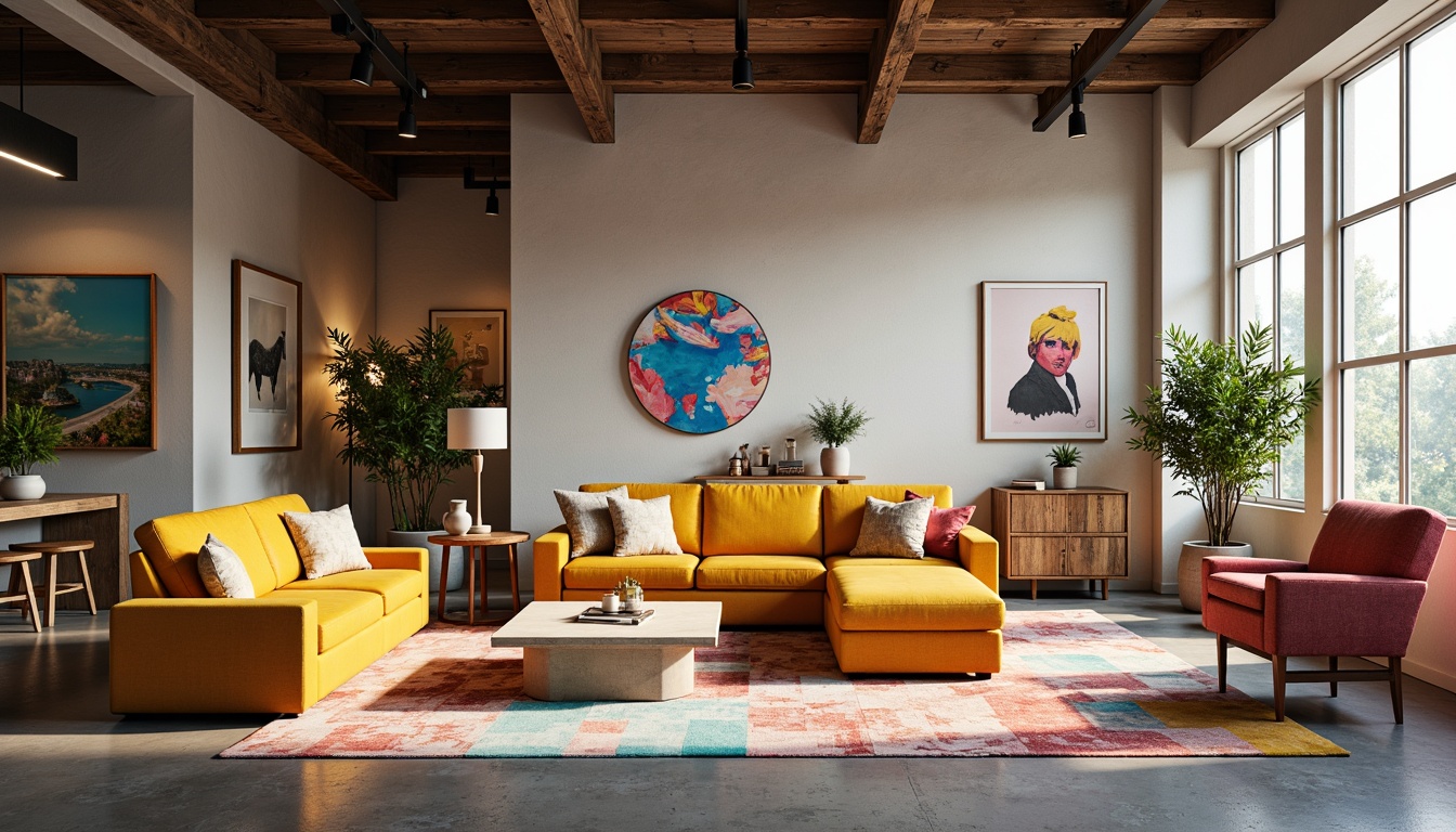 Prompt: Vibrant design studio, eclectic furniture, bold color schemes, pastel hues, rich textures, abstract patterns, sleek metallic accents, natural wood tones, soft ambient lighting, shallow depth of field, 1/1 composition, realistic renderings, warm atmospheric effects.