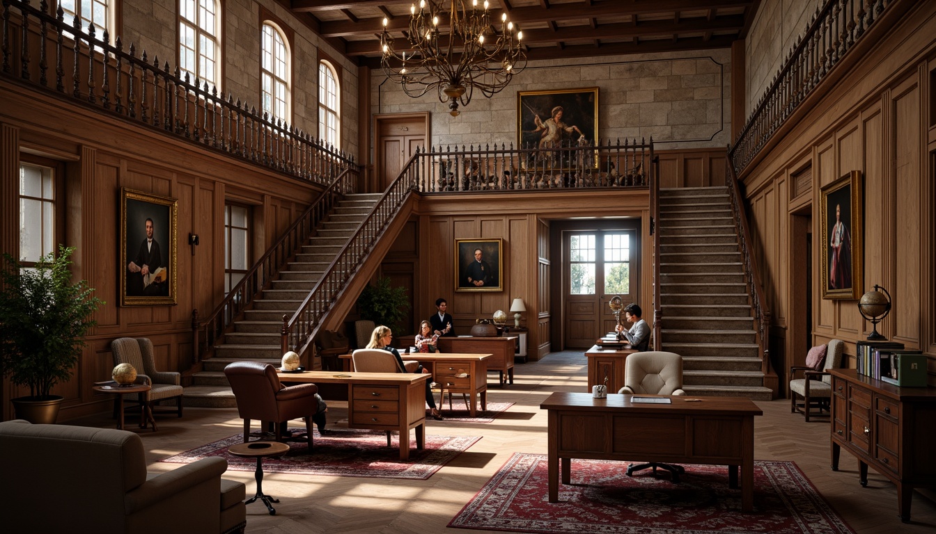 Prompt: Traditional academic interior, wooden paneling, stone walls, high ceilings, ornate chandeliers, grand staircases, spacious lecture halls, comfortable seating areas, wooden desks, leather-bound books, vintage globes, classic paintings, rich wood tones, warm soft lighting, shallow depth of field, 1/1 composition, realistic textures, ambient occlusion.