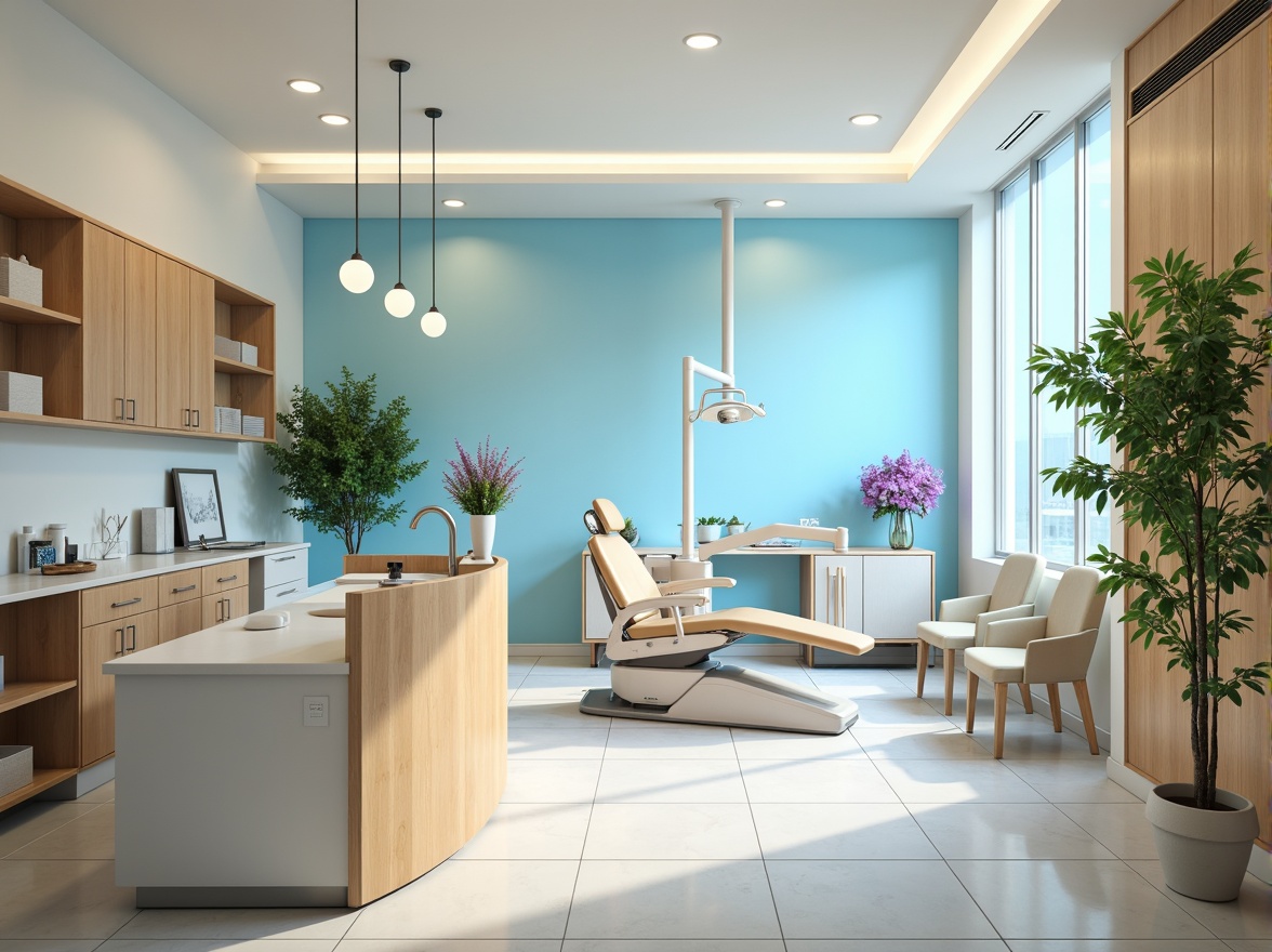 Prompt: Vibrant dental clinic, calming atmosphere, soothing color palette, gentle blue hues, creamy whites, warm beige tones, natural wood accents, modern minimalist furniture, sleek metal equipment, sterile glass surfaces, soft diffused lighting, subtle texture contrasts, 3/4 composition, shallow depth of field, realistic reflections, ambient occlusion.