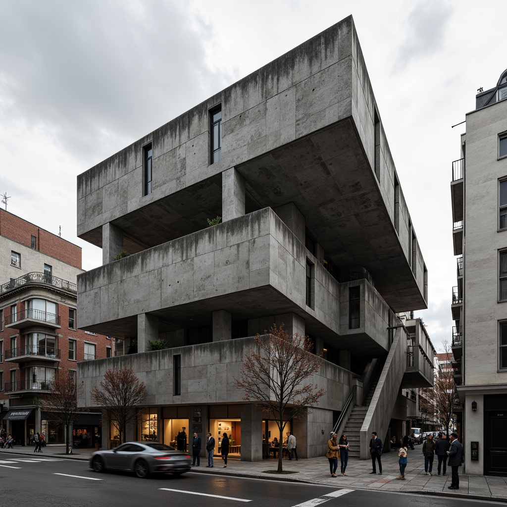 Prompt: Rustic brutalist building, exposed concrete facade, rugged stone walls, metallic beams, industrial pipes, urban cityscape, overcast sky, dramatic shadows, high-contrast lighting, abstract geometric patterns, fragmented forms, deconstructivist architecture, brutalist aesthetics, raw unfinished textures, monochromatic color scheme, bold structural elements, cantilevered volumes, dynamic diagonal lines, 1/2 composition, low-angle shot, cinematic atmosphere.