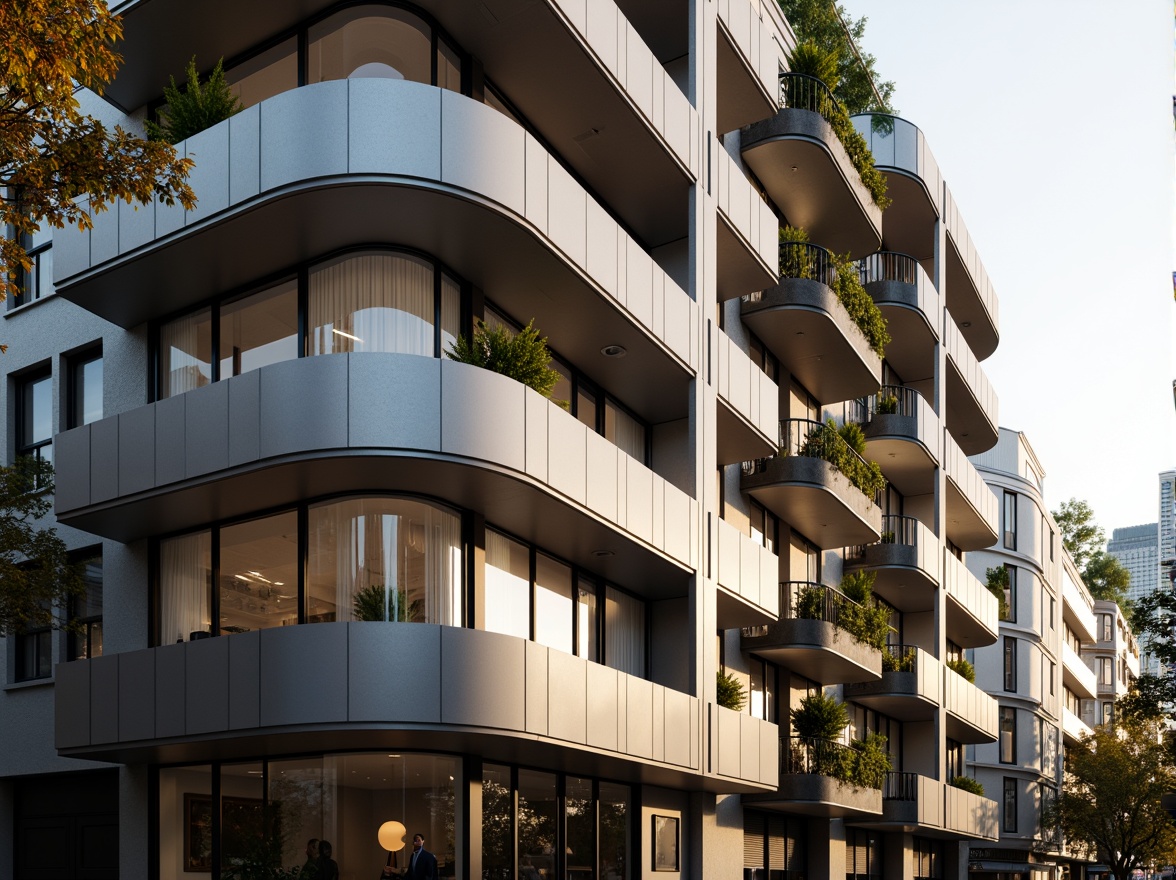 Prompt: Curved building facade, Art Deco inspirations, metallic materials, chrome accents, horizontal lines, rounded corners, minimalist ornamentation, large windows, sliding glass doors, balconies with metal railings, urban cityscape, morning sunlight, soft warm lighting, shallow depth of field, 3/4 composition, panoramic view, realistic textures, ambient occlusion.