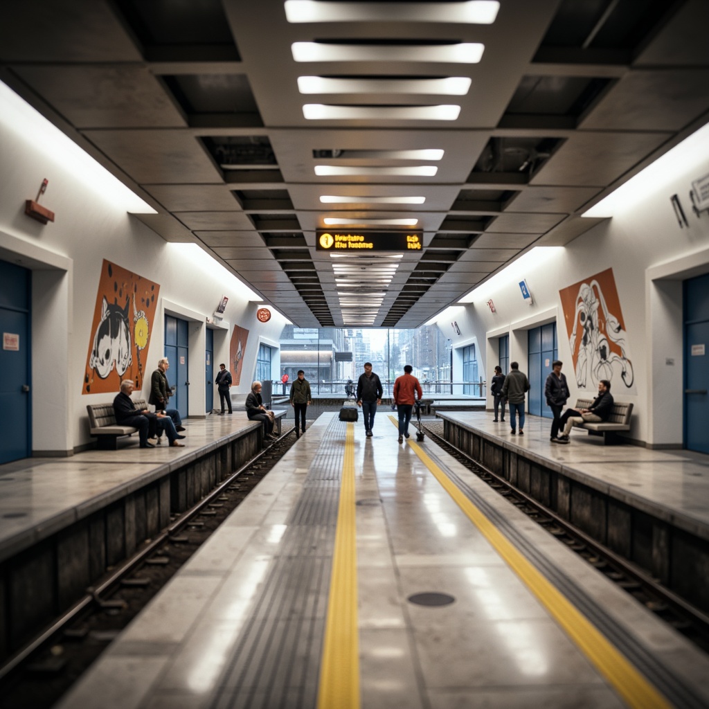 Prompt: Modern metro station interior, sleek lines, minimalist design, efficient passenger flow, ample natural light, high ceilings, spacious platforms, clear signage, intuitive wayfinding, comfortable seating areas, stainless steel handrails, polished granite floors, LED lighting systems, air purification systems, public art installations, urban aesthetic, busy rush hour atmosphere, shallow depth of field, 1/2 composition, soft warm lighting.