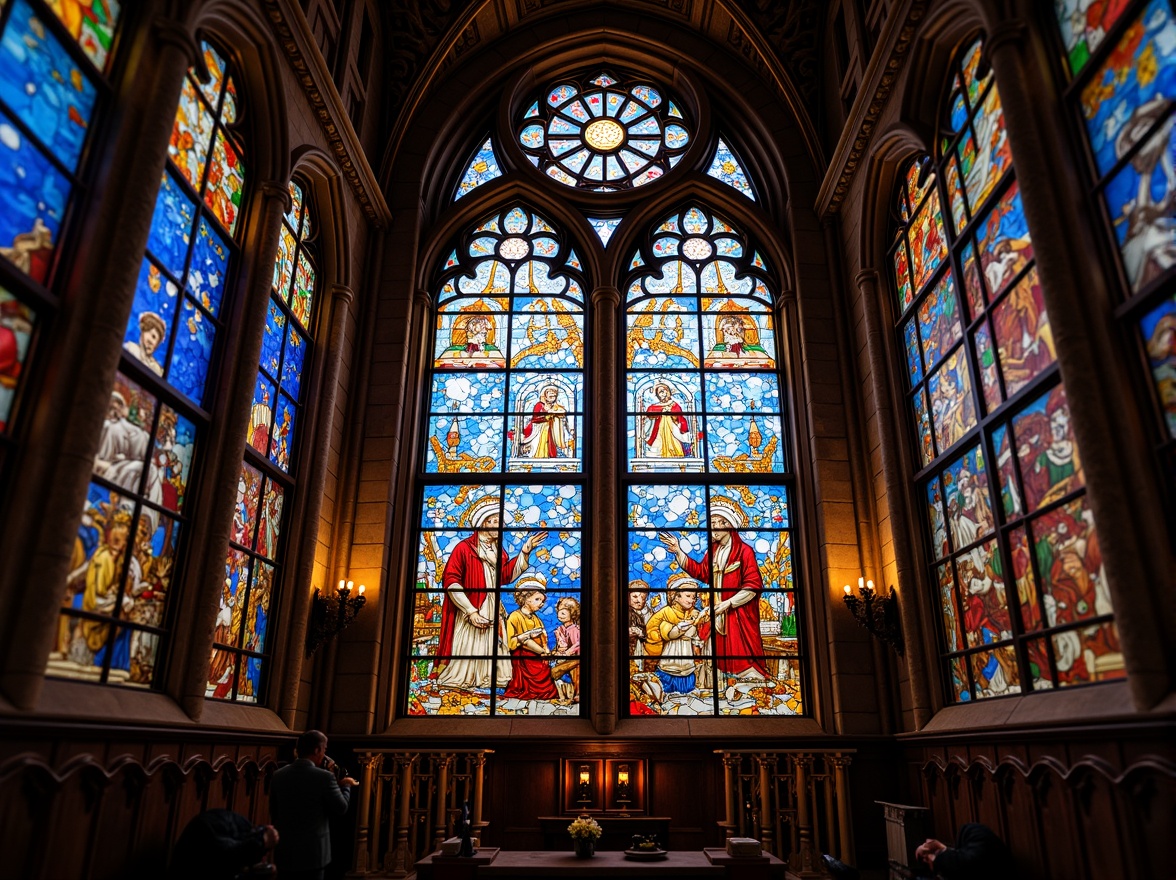 Prompt: Vibrant stained glass windows, kaleidoscope colors, ornate metal frames, delicate floral patterns, intricate geometric shapes, soft warm lighting, diffused colors, subtle texture details, elegant cathedral architecture, grandiose interior spaces, peaceful ambiance, serene atmosphere, 1/1 composition, shallow depth of field, realistic reflections.