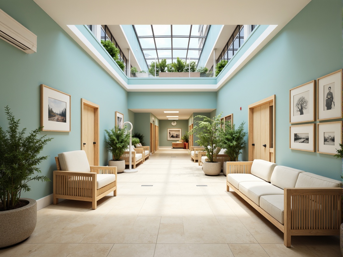 Prompt: \Soothing healthcare center, calming color palette, pale blue walls, creamy white furniture, natural wood accents, warm beige floors, soft greenery, peaceful atrium, abundant daylight, subtle texture patterns, gentle ambient lighting, shallow depth of field, 3/4 composition, realistic renderings, ambient occlusion.\