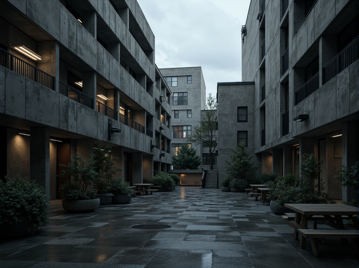 Prompt: Gloomy high school courtyard, brutalist concrete architecture, rugged stone walls, industrial metal beams, exposed ductwork, dimly lit corridors, overhead fluorescent lighting, cold harsh shadows, dramatic contrast, strong geometric forms, angular lines, raw unfinished textures, urban cityscape backdrop, cloudy overcast sky, diffused softbox lighting, 2/3 composition, cinematic atmosphere, realistic materials.