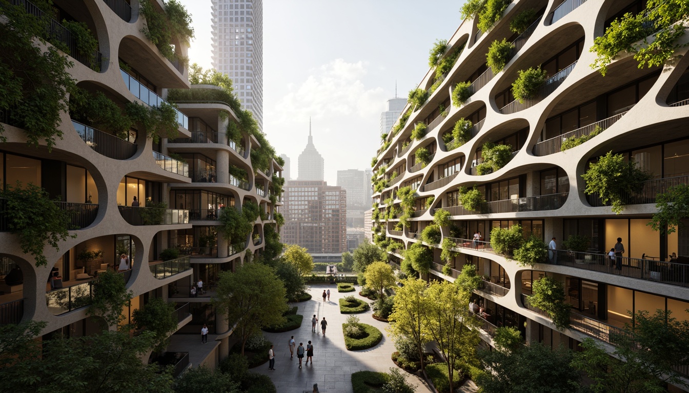 Prompt: Organic biomorphic facade, undulating curves, vibrant green walls, living roofs, verdant overhangs, cantilevered balconies, irregular shapes, parametric design, futuristic materials, translucent panels, LED lighting systems, urban metabolism, adaptive reuse, abandoned infrastructure, revitalized industrial sites, polluted water purification, eco-friendly infrastructure, sustainable energy harvesting, natural ventilation systems, optimized building performance, dynamic shading devices, responsive architecture, bioluminescent accents, futuristic cityscape, atmospheric misting, warm golden hour lighting, shallow depth of field, 3/4 composition.