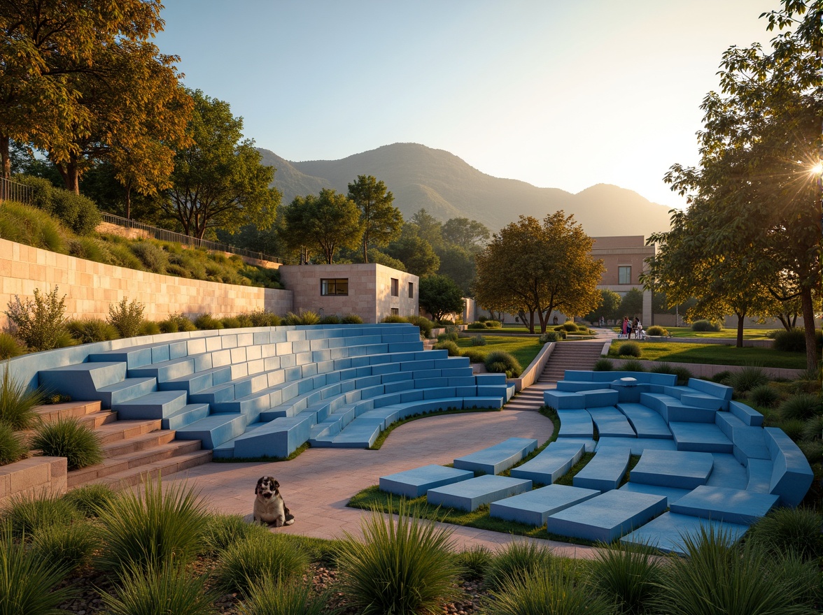 Prompt: Vibrant outdoor amphitheater, gradient blue seats, warm beige stone walls, lush green grassy slopes, natural wood accents, earthy terracotta flooring, soft golden lighting, sunset-inspired color palette, gentle misting system, panoramic views, 3/4 composition, realistic textures, ambient occlusion.