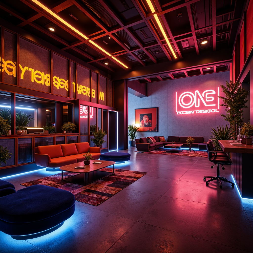 Prompt: Vibrant modern design studio, eclectic color scheme, bold typography, sleek metallic accents, luxurious velvet textures, abstract geometric patterns, futuristic neon lights, moody atmospheric ambiance, dramatic shading, high-contrast composition, cinematic lens flares, 1/2 composition, soft focus effect, warm golden lighting.