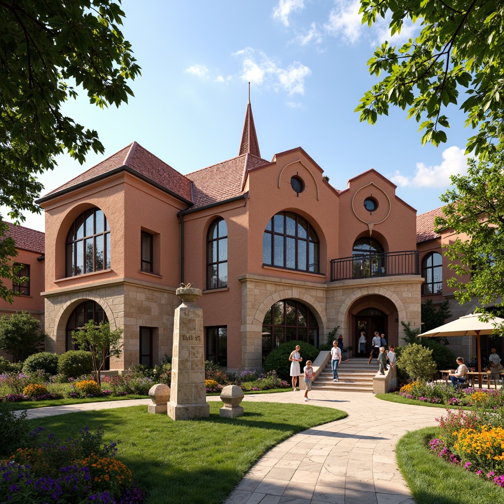 Prompt: Rustic school building, Romanesque style architecture, red clay tiles, curved arches, ornate stone carvings, grand entrance halls, high ceilings, large windows, stained glass details, natural stone walls, warm earthy tones, lush greenery surroundings, vibrant flowers, playground equipment, educational signs, sunny day, soft warm lighting, shallow depth of field, 3/4 composition, panoramic view, realistic textures, ambient occlusion.