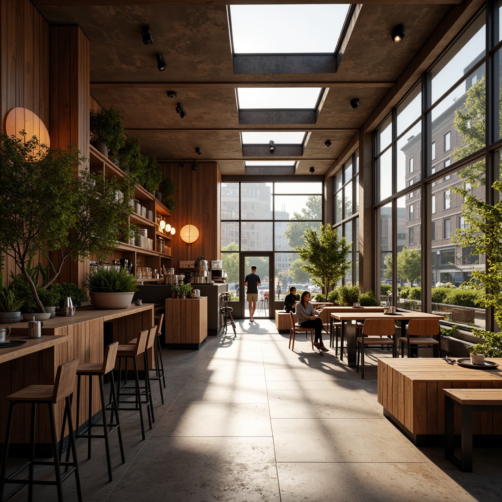 Prompt: Cozy coffee shop interior, warm wooden accents, large windows, glass doors, natural stone floors, minimalist decor, greenery walls, lush plants, skylights, clerestory windows, soft warm lighting, shallow depth of field, 3/4 composition, panoramic view, realistic textures, ambient occlusion, urban cityscape views, bustling street scenes, morning sunlight, afternoon warmth, comfortable seating areas, rustic wooden tables, industrial metal chairs.