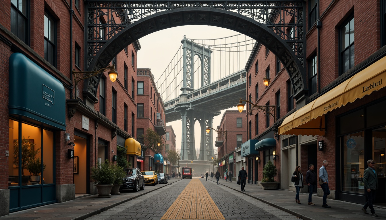 Prompt: Rustic steel arches, ornate stone piers, eclectic mix of materials, intricate ironwork, grand suspension cables, dramatic lighting fixtures, bold color accents, vibrant urban surroundings, misty atmospheric conditions, warm golden hour, shallow depth of field, 1/2 composition, realistic textures, ambient occlusion.