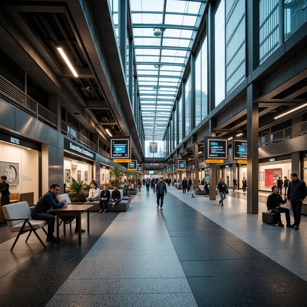 Prompt: Modern metro station interior, sleek glass ceilings, stainless steel columns, polished granite floors, vibrant LED lighting, comfortable seating areas, futuristic digital displays, clear signage systems, efficient crowd control measures, spacious platforms, natural stone walls, urban cityscape views, rush hour atmosphere, warm color tones, shallow depth of field, 1/2 composition, realistic textures, ambient occlusion.